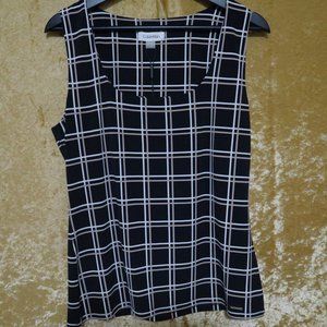 Calvin Klein Black, White and Biege Scoop Neck Windowpane Print Top – Large